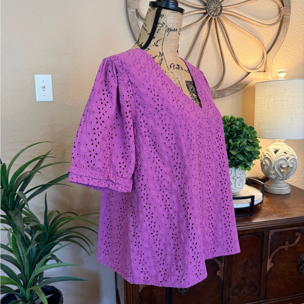 Draper James Purple Eyelet V-Neck Blouse - Picture 5 of 14